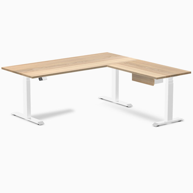 Desky Hardwood L-Shape Standing Desk With Drawer, White Ash desktop, White frame