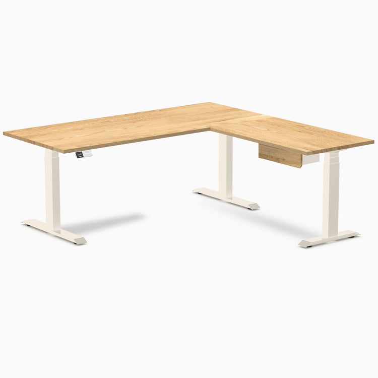 Desky Hardwood L-Shape Standing Desk With Drawer, White Oak desktop, Wheat frame