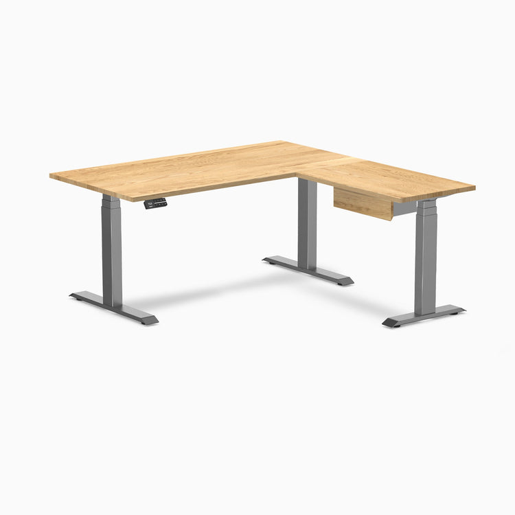 Desky Hardwood L-Shape Standing Desk With Drawer, White Oak desktop, Space Grey frame