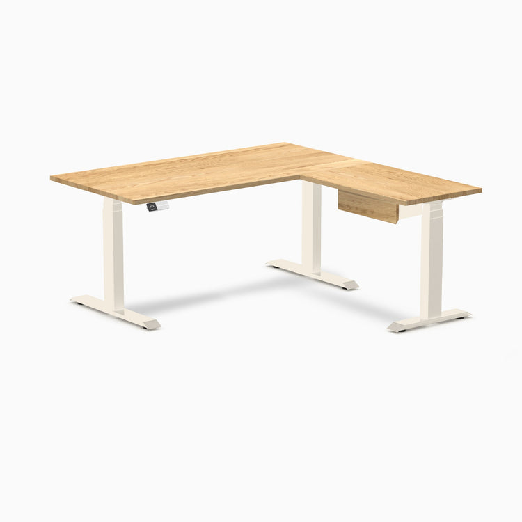 Desky Hardwood L-Shape Standing Desk With Drawer, White Oak desktop, Wheat frame