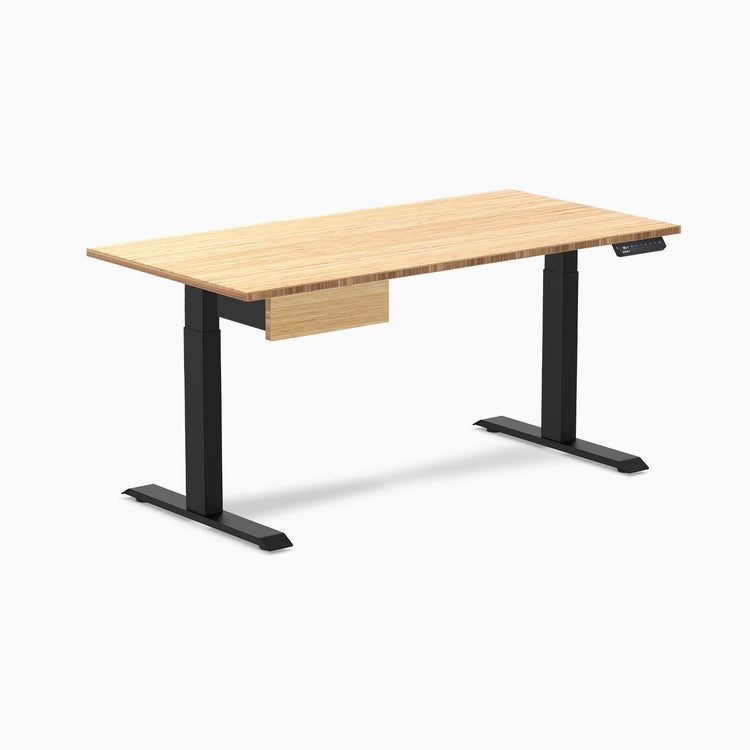 Desky Single Standing Desk With Drawer, Bamboo desktop, Matte Black frame