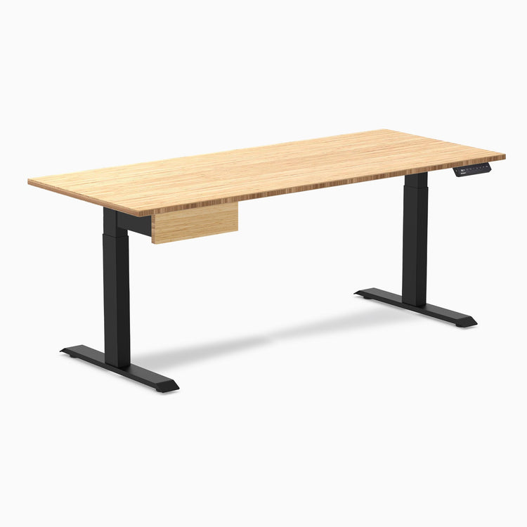 Desky Single Standing Desk With Drawer, Bamboo desktop, Matte Black frame