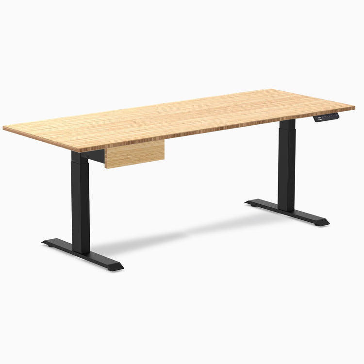 Desky Single Standing Desk With Drawer, Bamboo desktop, Matte Black frame