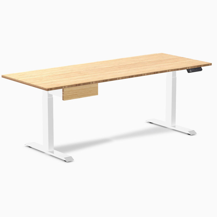 Desky Single Standing Desk With Drawer, Bamboo desktop, White frame