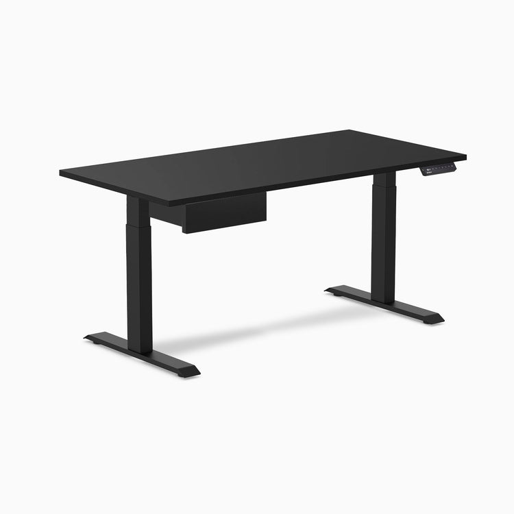 Desky Single Standing Desk With Drawer, Black desktop, Matte Black frame