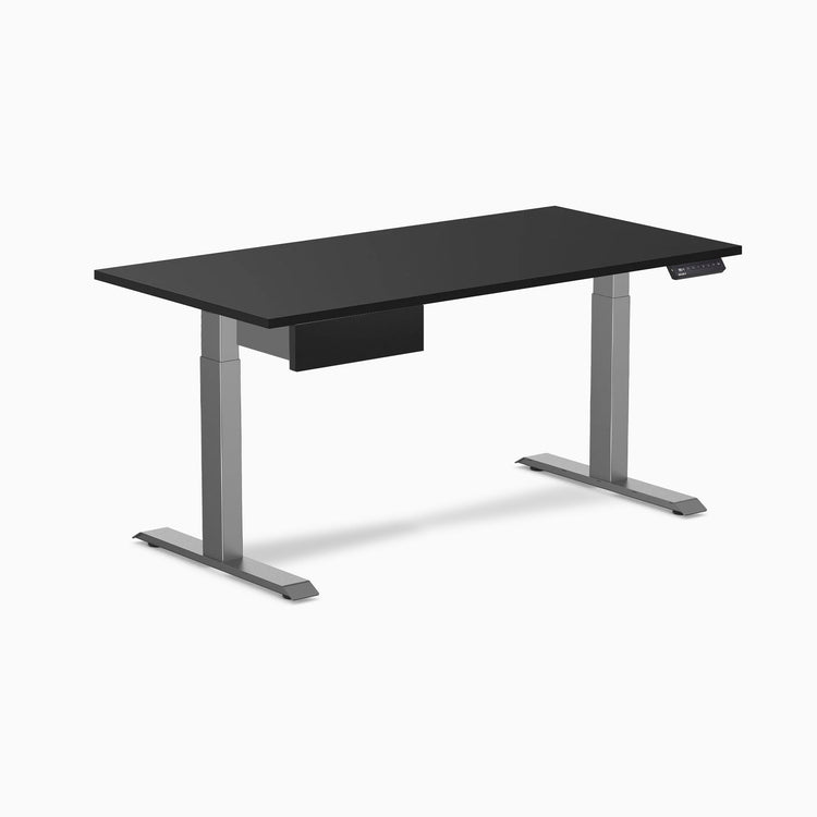 Desky Single Standing Desk With Drawer, Black desktop, Space Grey frame