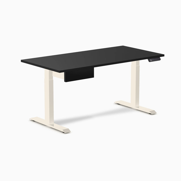 Desky Single Standing Desk With Drawer, Black desktop, Wheat frame