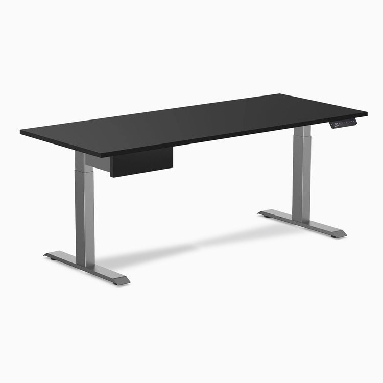 Desky Single Standing Desk With Drawer, Black desktop, Space Grey frame