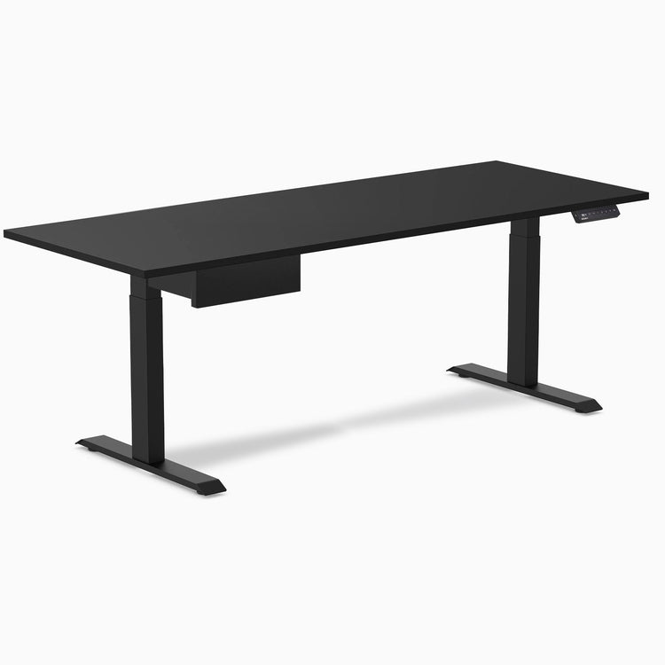 Desky Single Standing Desk With Drawer, Black desktop, Matte Black frame