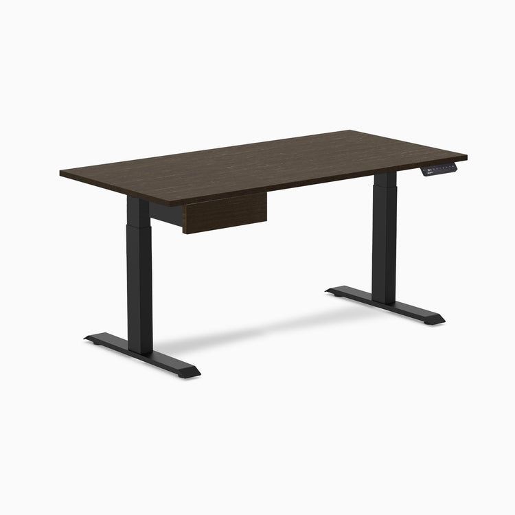 Desky Single Standing Desk With Drawer, Dark Bamboo desktop, Matte Black frame