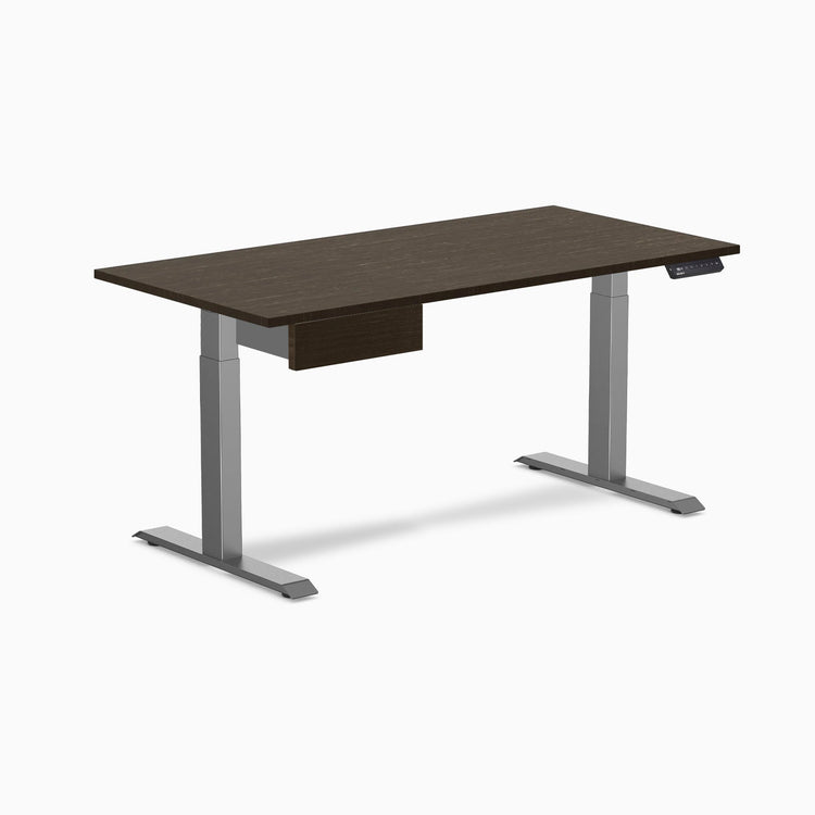 Desky Single Standing Desk With Drawer, Dark Bamboo desktop, Space Grey frame