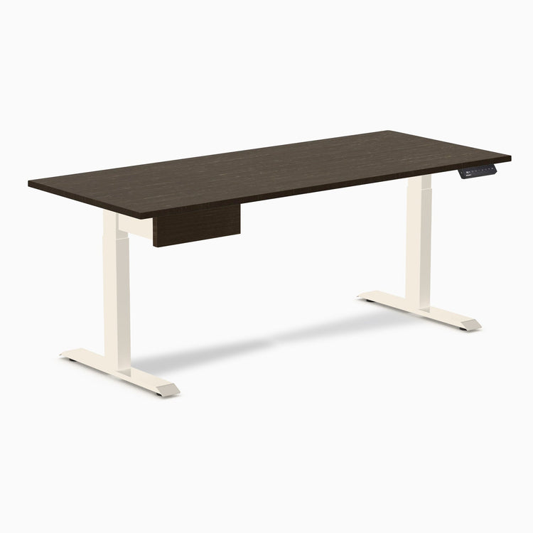 Desky Single Standing Desk With Drawer, Dark Bamboo desktop, Wheat frame