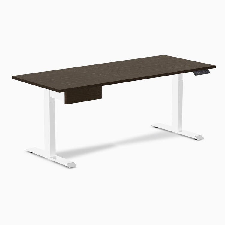 Desky Single Standing Desk With Drawer, Dark Bamboo desktop, White frame