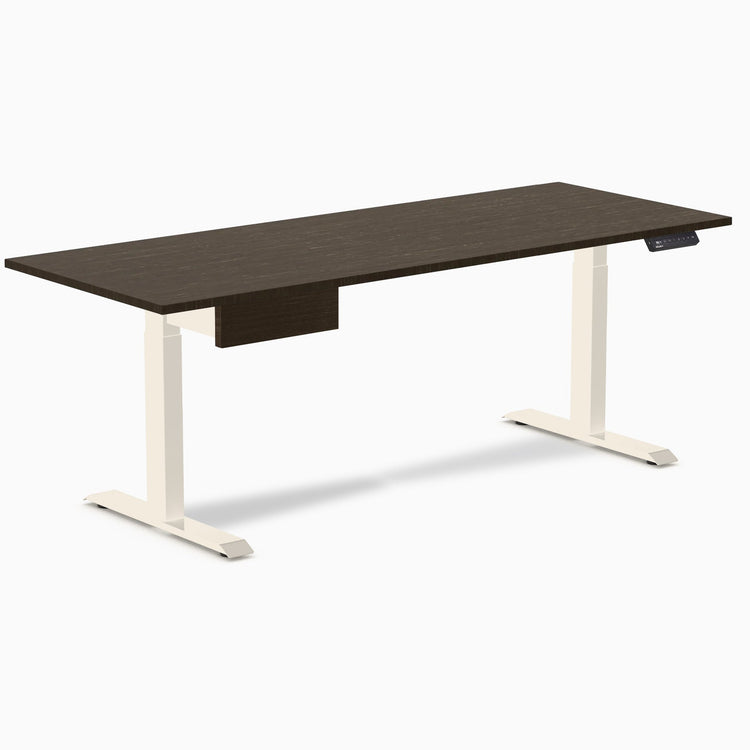 Desky Single Standing Desk With Drawer, Dark Bamboo desktop, Wheat frame