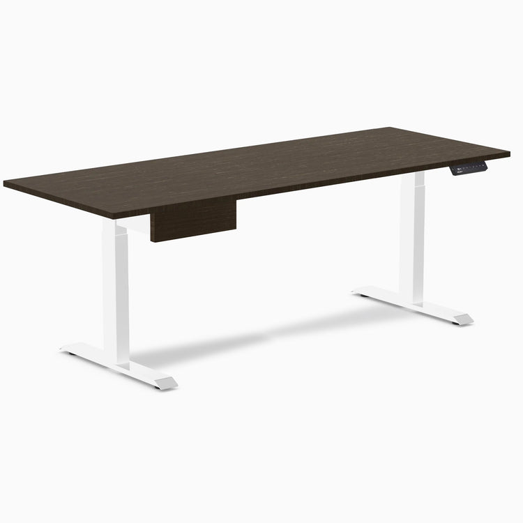 Desky Single Standing Desk With Drawer, Dark Bamboo desktop, White frame