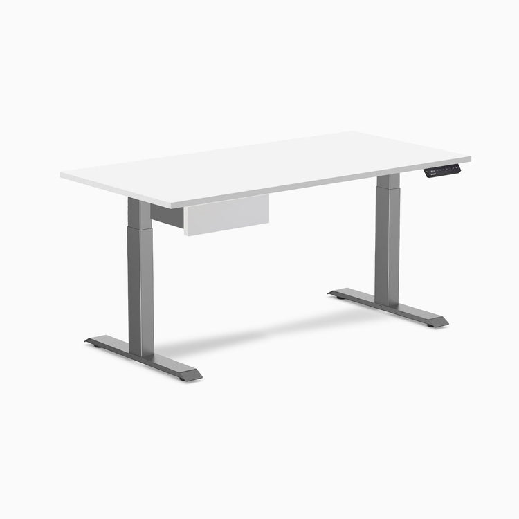 Desky Single Standing Desk With Drawer, White desktop, Space Grey frame