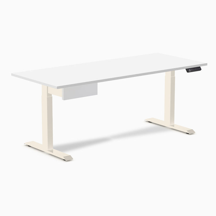 Desky Single Standing Desk With Drawer, White desktop, Wheat frame