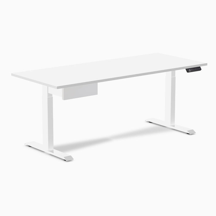 Desky Single Standing Desk With Drawer, White desktop, White frame