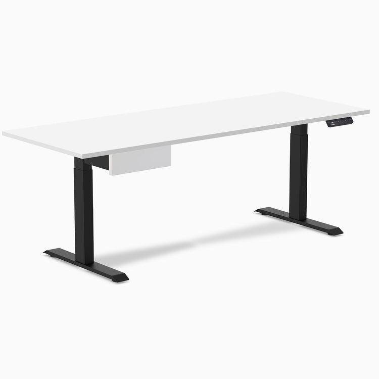 Desky Single Standing Desk With Drawer, White desktop, Matte Black frame