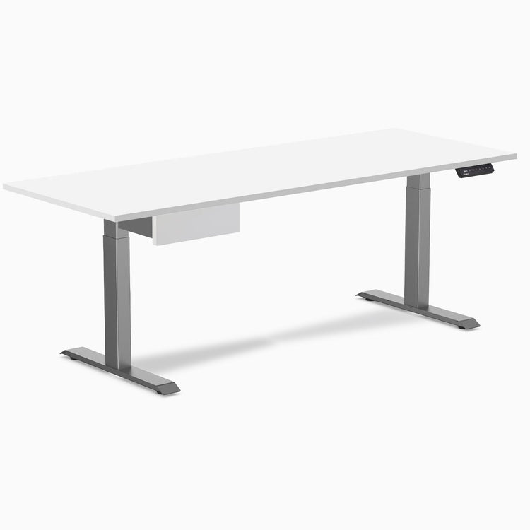 Desky Single Standing Desk With Drawer, White desktop, Space Grey frame