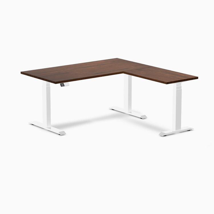 Electric L-shape standing desk in rubberwood red walnut - Desky