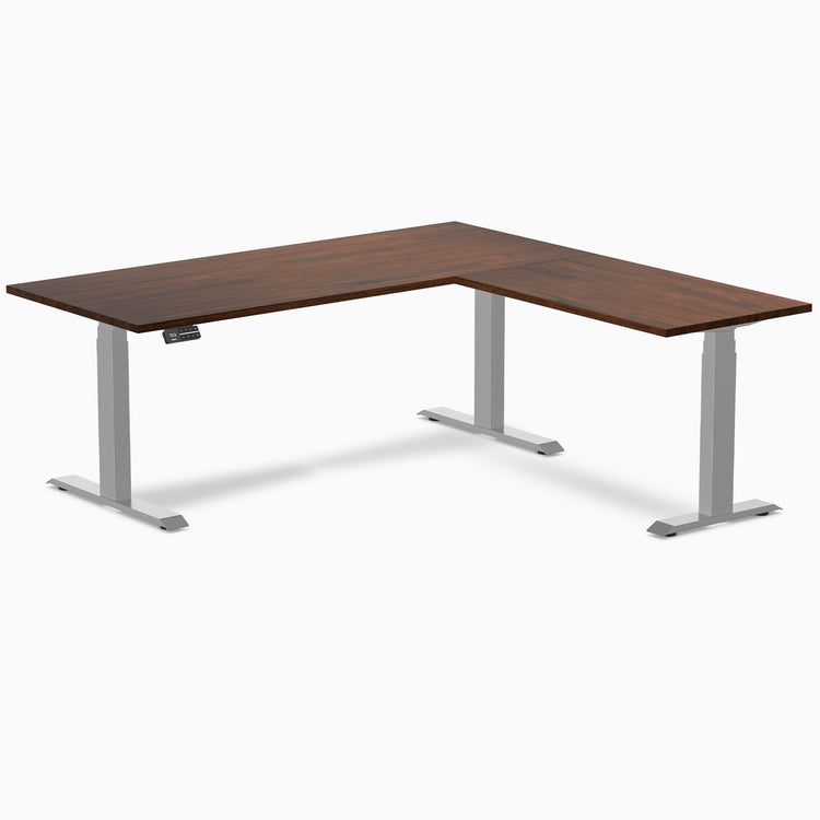 Electric L-shape standing desk in rubberwood red walnut - Desky